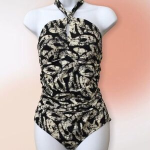Joe Fresh One Piece Ruched Halter Swimsuit Black and Tan Print S